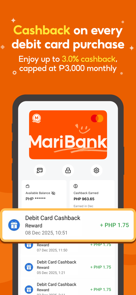MariBank PH (SeaBank) - Schermata dell'app mobile MariBank PH che mostra i premi cashback della carta di debito e una cronologia delle transazioni con il cashback guadagnato.