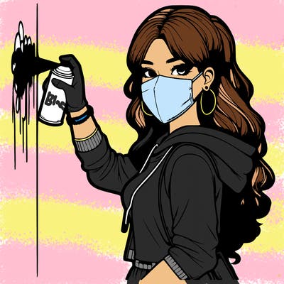 realistic girl with mask spray painting a wall