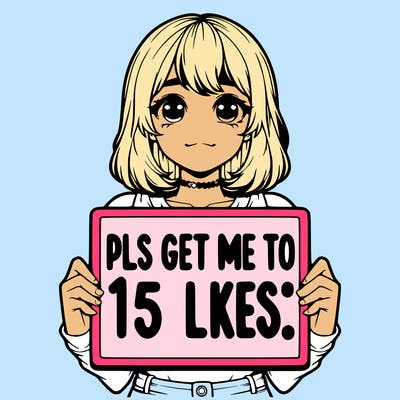 realistic girl holding up a sign that says “pls get me to 15 likes!”