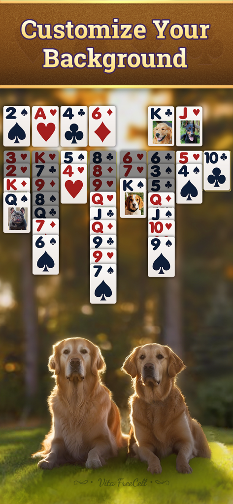 Vita FreeCell for Seniors - FreeCell solitaire game screen with large easy to read cards and a custom background featuring two golden retrievers