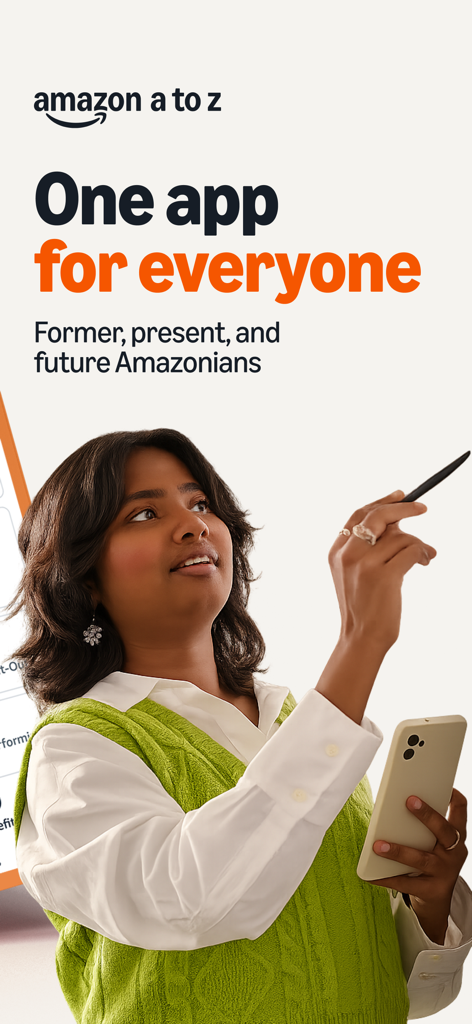 Amazon A to Z - Promotional screen for the Amazon A to Z app featuring a worker holding a smartphone with the text One app for everyone