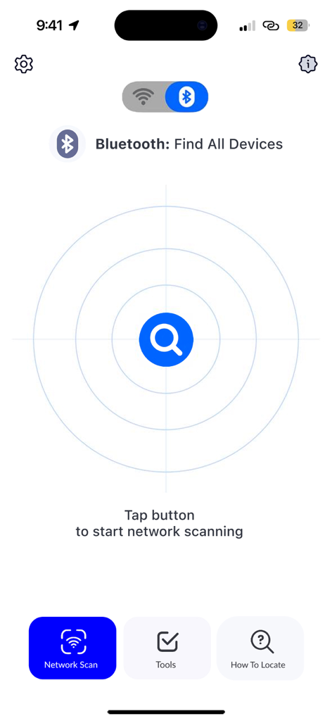 近くのデバイスを見つけるためのレーダースクリーンを表示するWiFiネットワークスキャナーアプリのBluetoothスキャンインターフェース