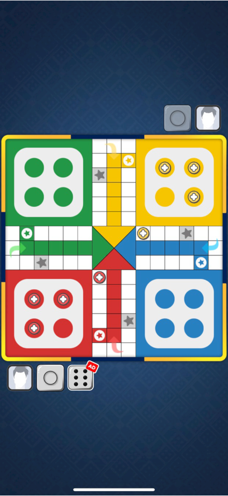 Ludo Star Offline - Classic four player Ludo board game interface with colorful tokens and dice