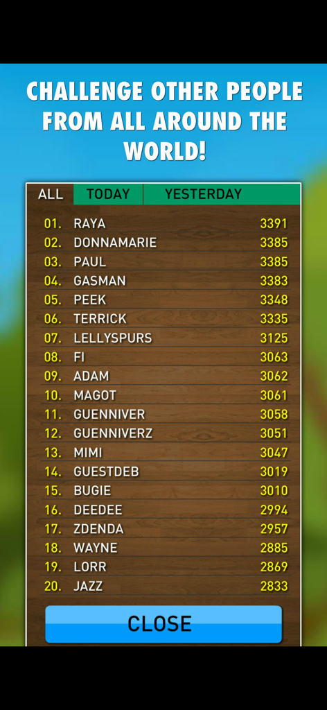 Global top 20 leaderboard rankings in Spelling Master Game