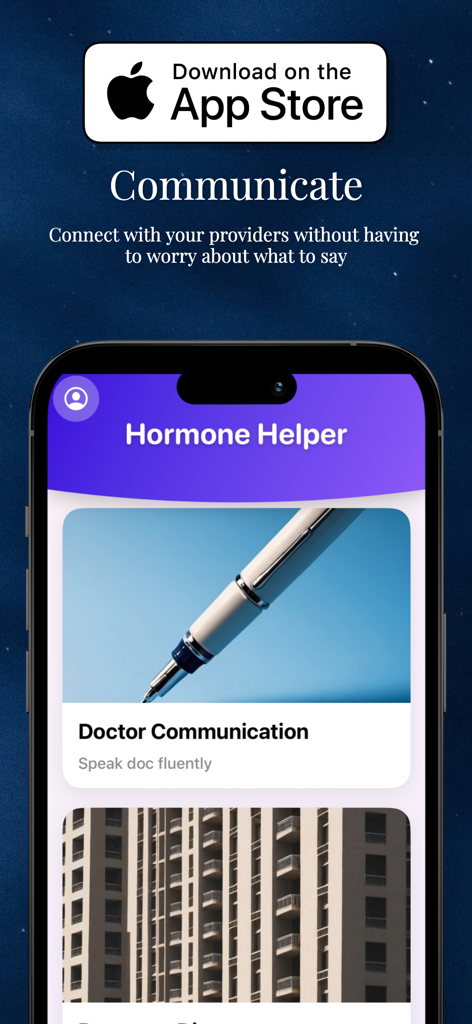 Tela do aplicativo Hormone Helper mostrando ferramentas de comunicação com o médico para gerenciamento de saúde transgênero