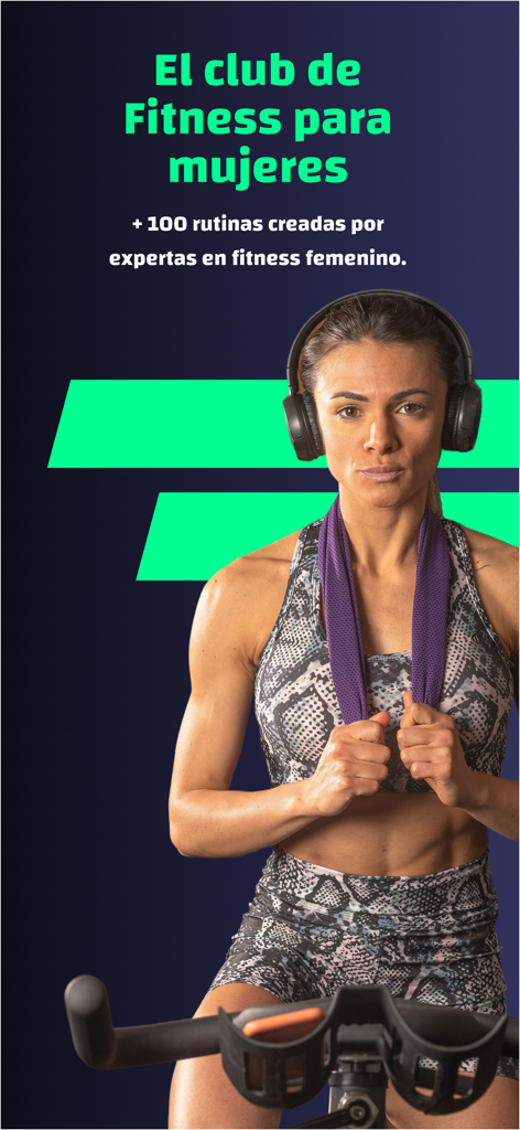 Fitclub Fuerza Femenina - Woman exercising on a stationary bike wearing headphones