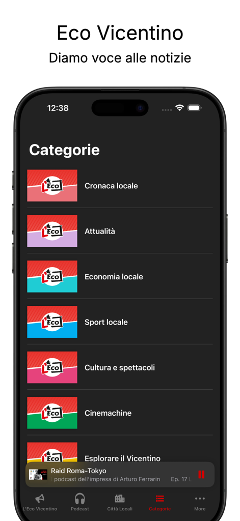 Eco Vicentino - Interfaz de la aplicación de noticias Eco Vicentino que muestra varias categorías de noticias locales y un reproductor de podcasts de audio.