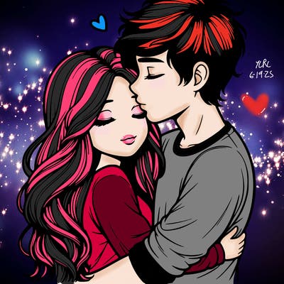 a realistic couple boy and girl hugging and kissing