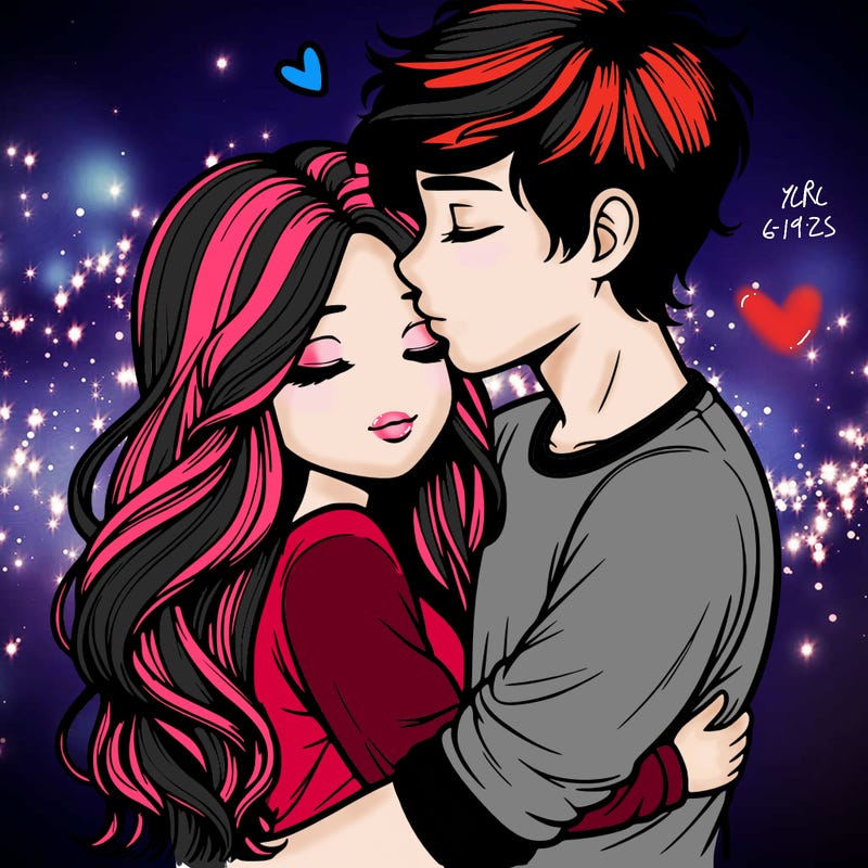 a realistic couple boy and girl hugging and kissing