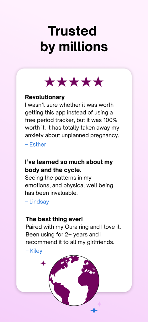 Natural Cycles Fertility App - Témoignages d'utilisateurs de l'application de fertilité Natural Cycles affichant des notes de cinq étoiles et des commentaires positifs