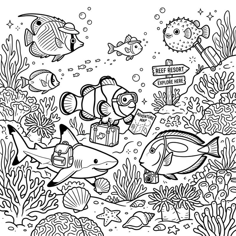 Embark on a delightful underwater journey with our Saltwater Fish Vacation coloring page. This intricate design features a school of charming fish enjoying their tropical getaway, perfect for all ages.