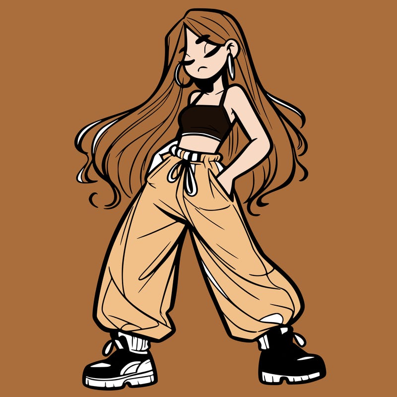 girl in baggy pants crop top and long hair