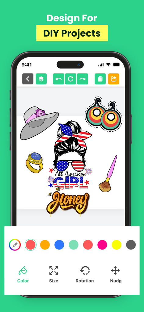 Designs For Cricut Space - Mobile app interface for Cricut designs featuring editing tools for DIY stickers and decals.