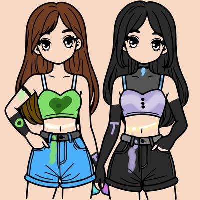 two sisters with crop tops and jean shorts and straight hair