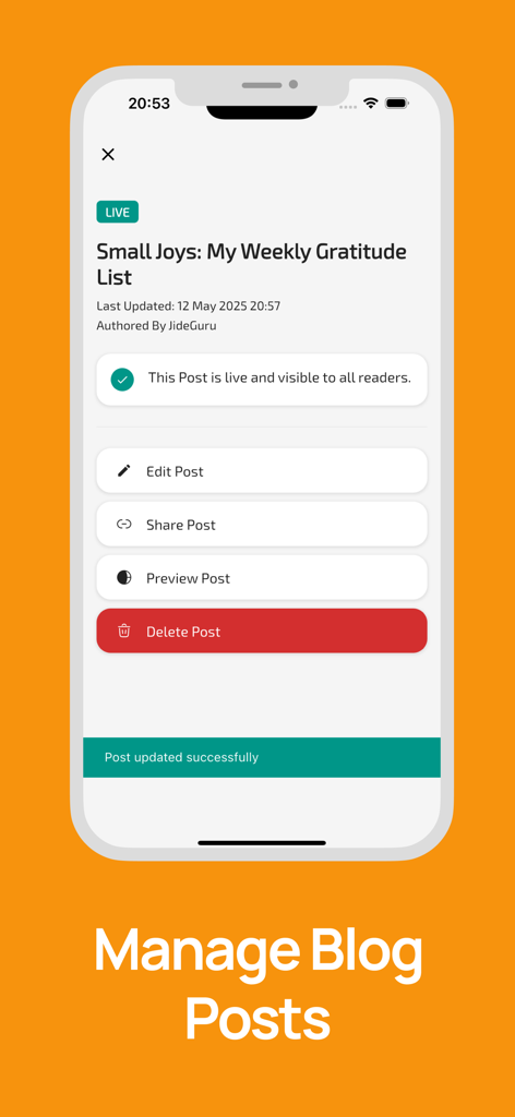 Interfaz de la aplicación móvil para Blogster para Blogspot mostrando herramientas de gestión de entradas de blog