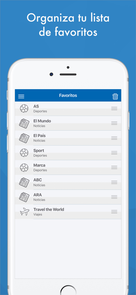 Spanish News - Noticias España - Pantalla de la aplicación móvil que muestra una lista seleccionada de favoritos de medios de noticias y deportes españoles como Marca y El País