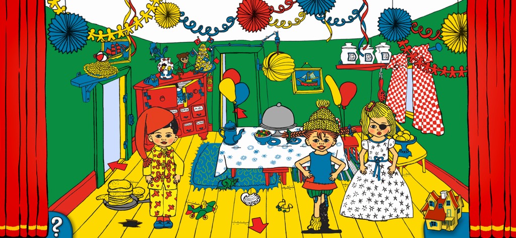 Pippi Meialonga e amigos em uma sala colorida decorada dentro da Vila Vilekula