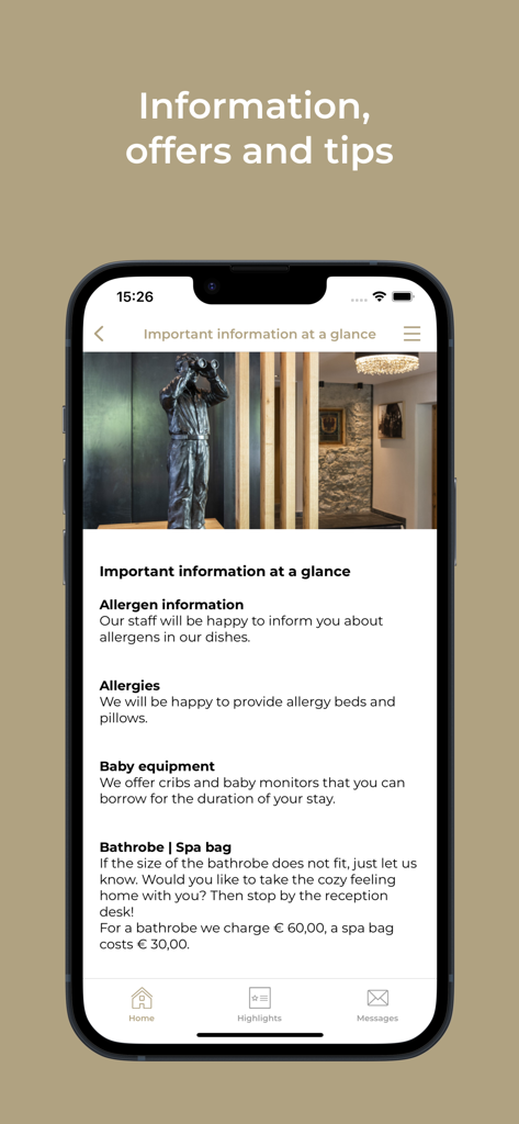 Hotel Tirol Fiss - Hotel Tirol Fiss app screen displaying guest information regarding allergens, baby equipment, and spa amenities.
