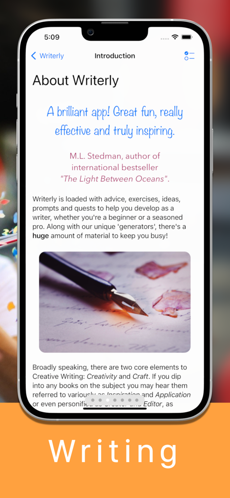 Writerly - Introduction screen of the Writerly app featuring a testimonial from author ML Stedman and a fountain pen on paper