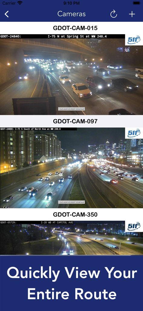 Mobile app interface showing a vertical list of live GDOT traffic camera feeds at night