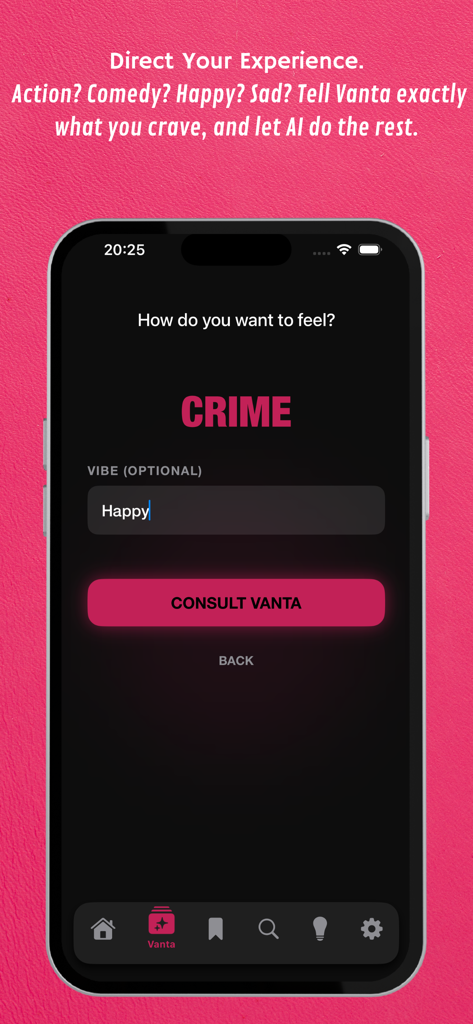 YesMovies : Vanta AI & movies - Interface of YesMovies app using Vanta AI to search for movies based on a specific mood or vibe.