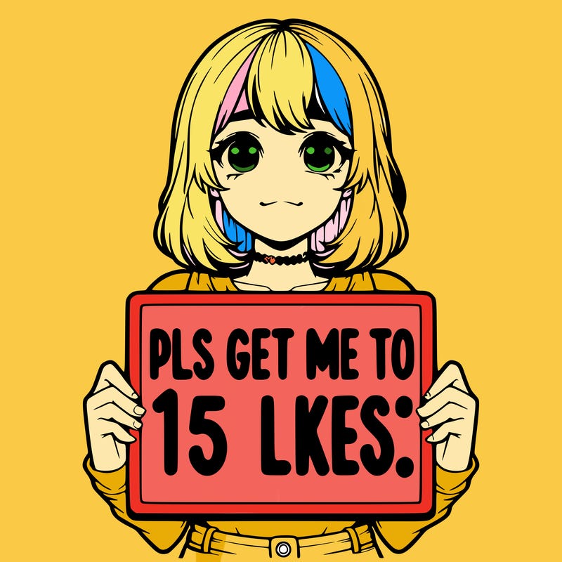 realistic girl holding up a sign that says “pls get me to 15 likes!”