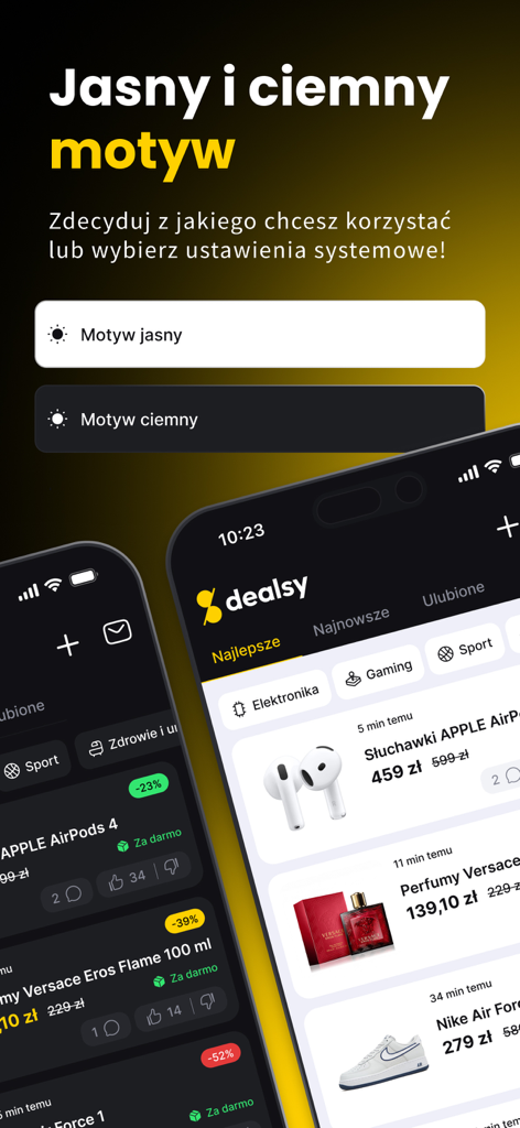 Dealsy app interface showing light and dark theme options with electronics and fashion discounts