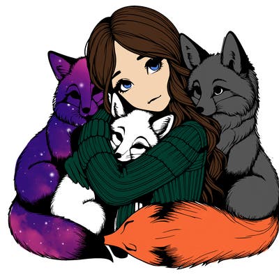 realistic, looking girl hugging, foxes