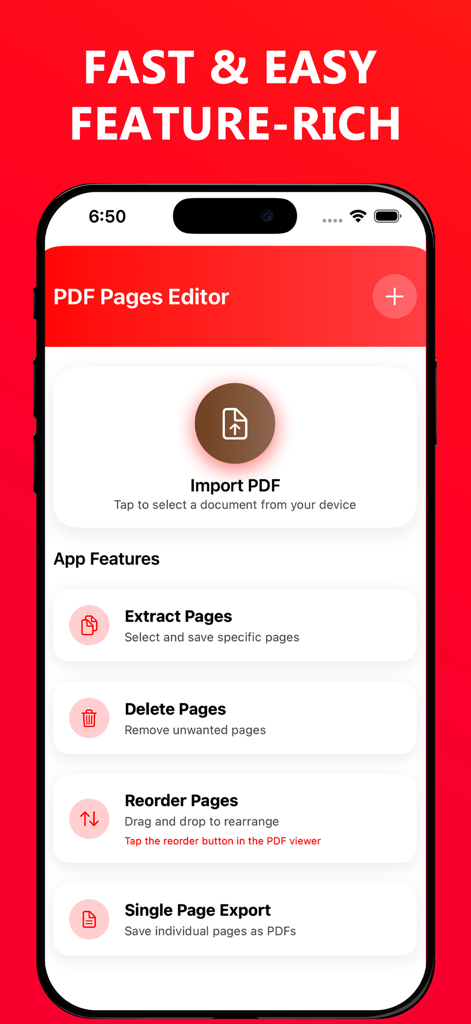 PDFページエディタのアプリインターフェース。ドキュメントページの抽出、削除、並べ替えツールが表示されています。