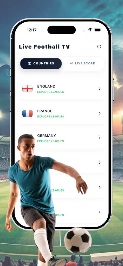 Live Football TV- HD Streaming - Pantalla de smartphone mostrando el menú de la aplicación Live Football TV con ligas de fútbol de Inglaterra, Francia y Alemania