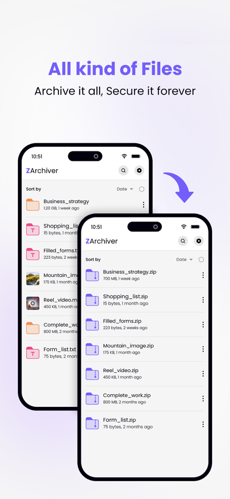 ZArchiver - Zip UnZip - ZArchiver app interface displaying a file list and its conversion to compressed zip archives.
