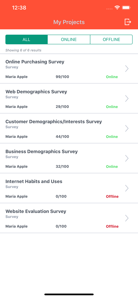 Dashboard of the UserZoom Surveys app showing a list of available online and offline research projects