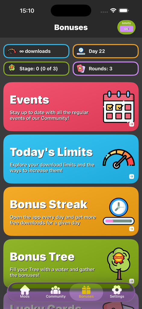 Ragdoll Mods 앱의 보너스 섹션으로, 이벤트 보너스 연속 기록 및 일일 보상을 보여줍니다.