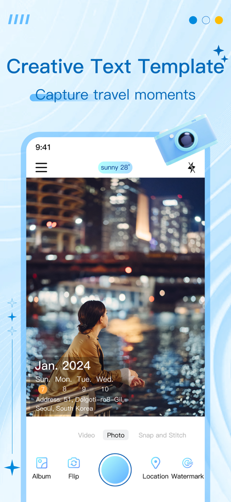 A city travel photo with a date and location watermark in the TimeStamp Camera app