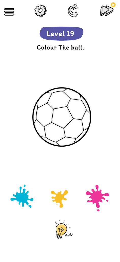 Eine Gehirn-Puzzle-Spieloberfläche für Level 19, bei der der Spieler aufgefordert wird, einen Fußball mit blauen, gelben und pinken Farbspritzern zu bemalen