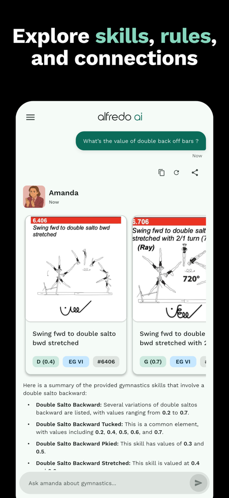 Gym Art - Gym Art app interface showing AI coach Amanda explaining gymnastics skill values and rules with diagrams