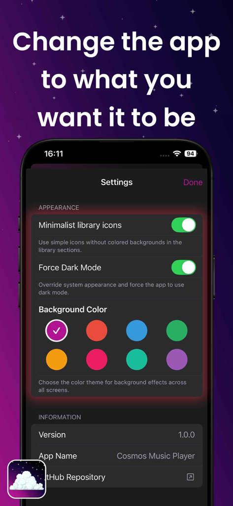 Cosmos : Offline Music Player - Cosmos music player app appearance settings screen with dark mode and theme color options