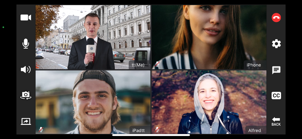 Interface en écran partagé de l'application TVU Anywhere Pro montrant quatre participants dans une session de diffusion à distance.