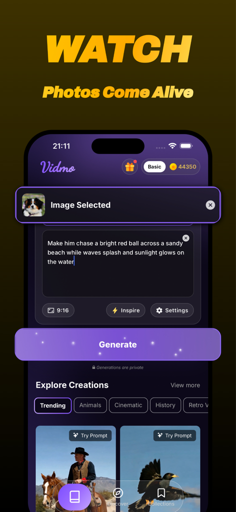 Interfaz de la app móvil Vidmo para crear videos de IA a partir de fotos con indicaciones de texto.