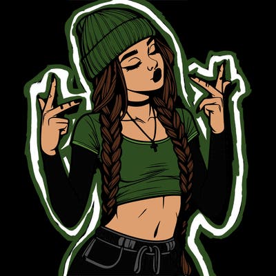 realistic teenage girl with braids and a beanie and crop top doing 🫶🏼