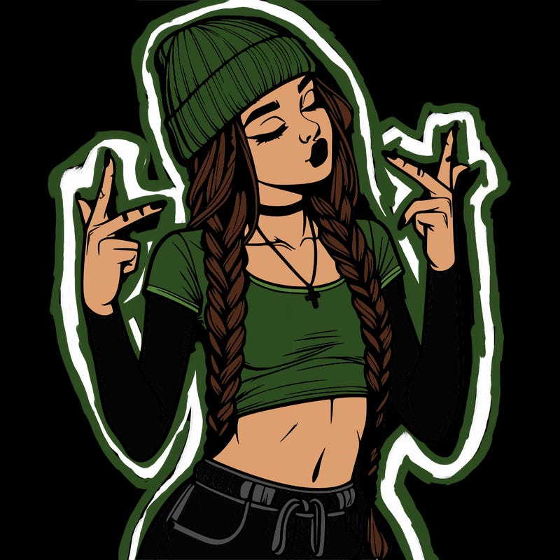 realistic teenage girl with braids and a beanie and crop top doing 🫶🏼