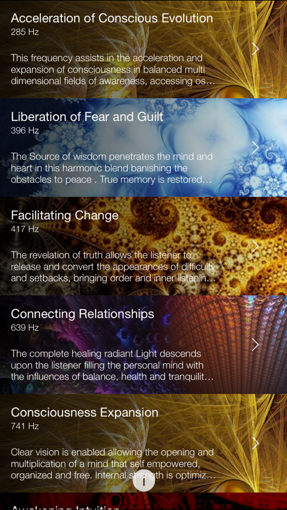 Capture d'écran du menu PinealApp montrant une liste de pistes audio pour des fréquences spirituelles telles que l'évolution de la conscience et la libération de la peur.