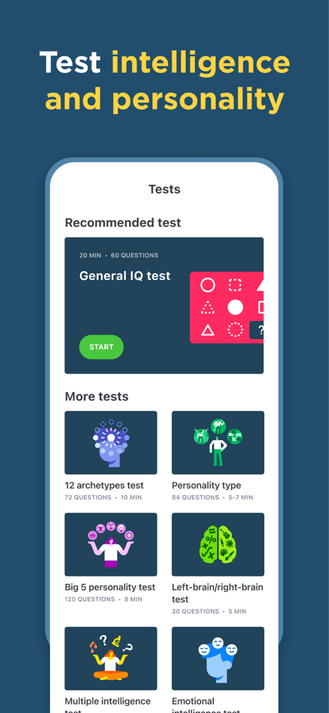 A mobile interface from the Impulse app showing various cognitive and personality tests like General IQ and Big 5.