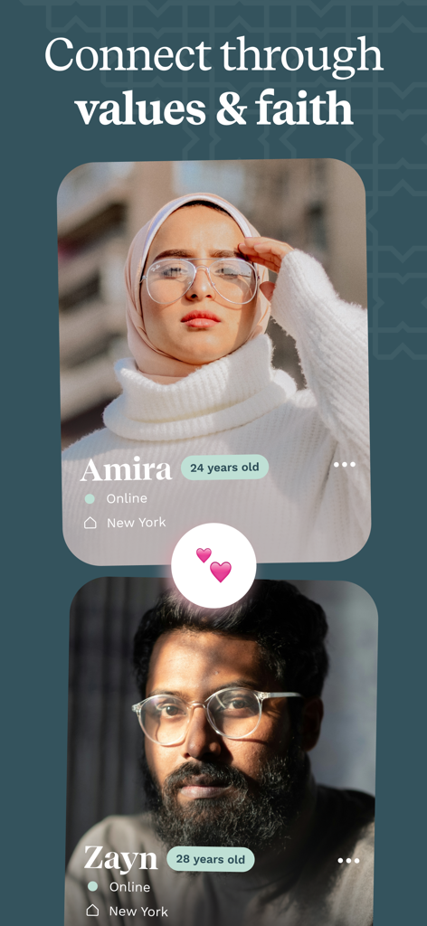 Mashallah: Halal Muslim dating - Mashallah ハラル出会い系アプリの2つのユーザープロフィール画面に、「価値観と信仰を通じてつながる」という見出しが表示されている