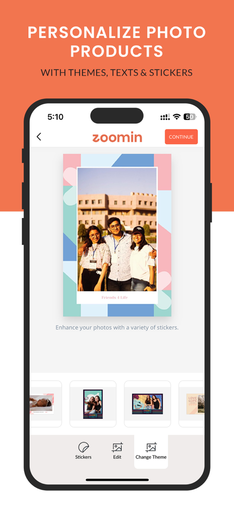 Zoomin: Shop Photobook & Gifts - User interface for personalizing photo products with themes and stickers in the Zoomin app