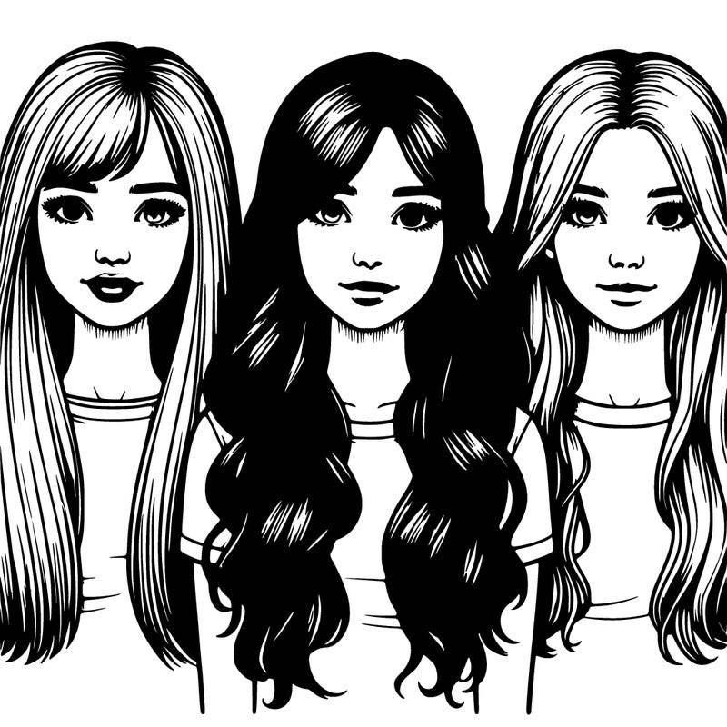 realistic group of 3 teen girls with really long hair, short hair, and medium length hair