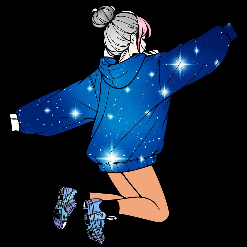 realistic girl jumping with a bun and oversized sweatshirt