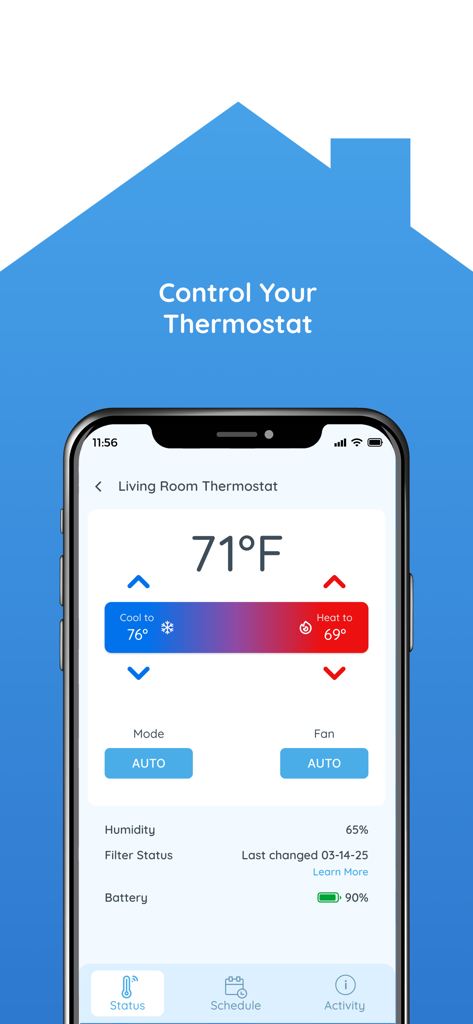 Rently Smart Home - Rently Smart Home app showing a smart thermostat interface with temperature settings for a living room