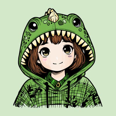 realistic girl with a dinosaur hoodie on