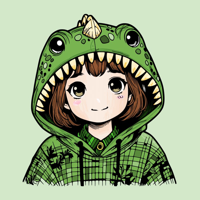 realistic girl with a dinosaur hoodie on